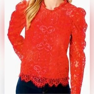 Lilly Pulitzer Averi Lace Top Ruby Red Two Tone Carnival Lace Shirt Sz S